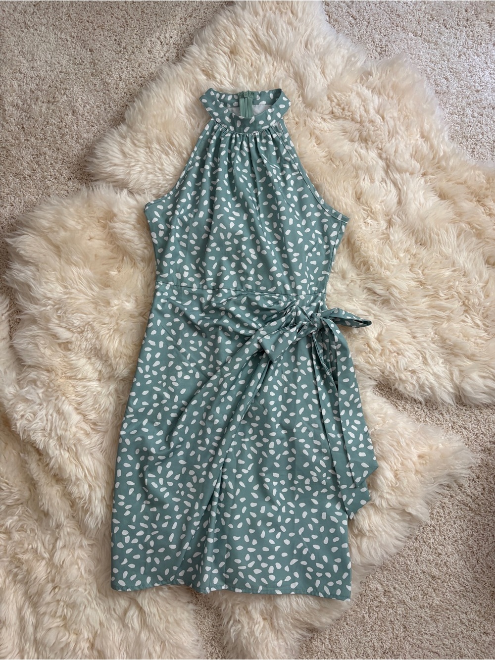 Sleeveless Halter Dress in Mint Green with White Spot Print